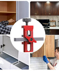 Go-To 2-In-1 Cabinet Door Installation Jig With Adjustable Positioner, red finish, in use for precise cabinet alignment