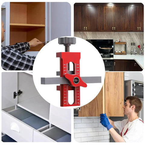 Go-To 2-In-1 Cabinet Door Installation Jig With Adjustable Positioner, red finish, in use for precise cabinet alignment