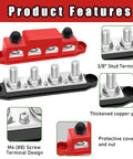 Heavy Duty Two Hundred Fifty Amp Marine Bus Bar With Thick Copper Core Twelve Volt Power Distribution Block, features 3/8" stud terminals.