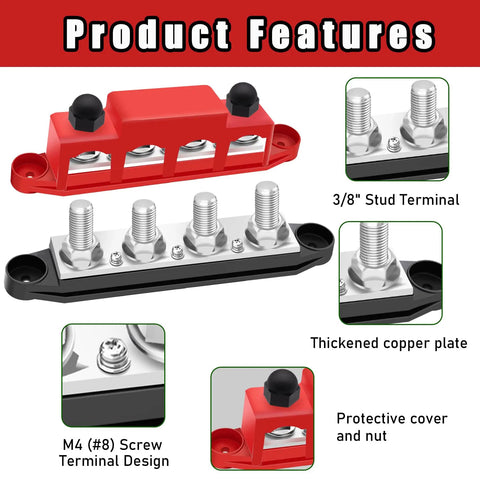 Heavy Duty Two Hundred Fifty Amp Marine Bus Bar With Thick Copper Core Twelve Volt Power Distribution Block, features 3/8" stud terminals.