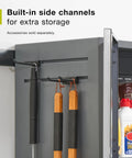 Heavy Duty Steel Garage Storage Cabinet System With Customizable Modular Two Door Design Locks Together For Easy Home Organization 150 Pound Capacity Built In Side Channels Lifetime Warranty showing built-in side channels with tools hung for storage.