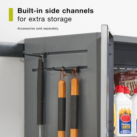 Heavy Duty Steel Garage Storage Cabinet System With Customizable Modular Two Door Design Locks Together For Easy Home Organization 150 Pound Capacity Built In Side Channels Lifetime Warranty showing built-in side channels with tools hung for storage.