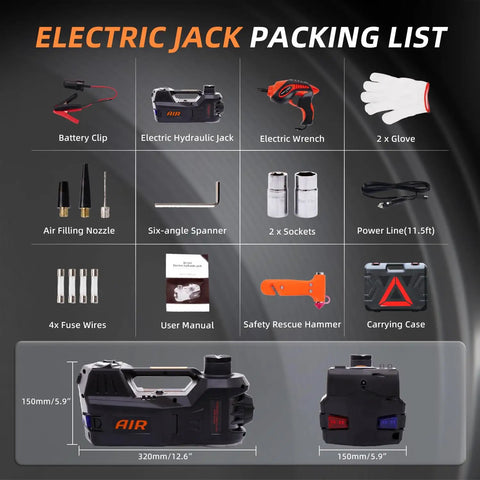 5 Ton 12V Electric Car Jack With Dual Motors, Hydraulic Lift, Built In Inflator And Impact Wrench, Quick Tire Inflation, Non Slip Cross Groove Base, Adjustable Height 5.9 To 17.7 Inches, Stable And A Real Beast Of A Tool. packing list and case