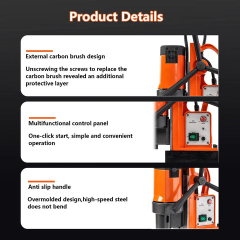 Beast 1100W Magnetic Drill Press With 35mm Boring Diameter Portable features, control panel, anti-slip handle, and carbon brush access.
