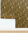 Top Tier Brown Floral Wallpaper With Shimmering Metallic Gold Foil Texture Easy Apply Ready To Hang in a living room setting.
