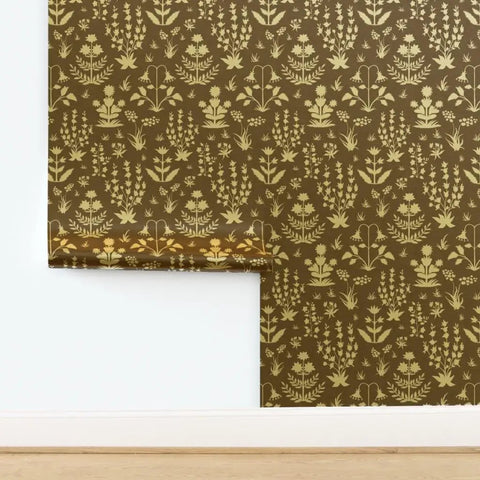Top Tier Brown Floral Wallpaper With Shimmering Metallic Gold Foil Texture Easy Apply Ready To Hang in a living room setting.