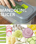 Front view of Amazin Goods all-in-one vegetable chopper with mandoline and storage container, lime-green accents