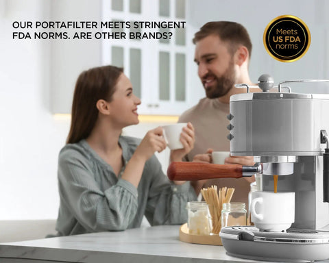 Couple enjoying coffee with Bottomless 54mm Portafilter For Espresso Machines With Puck Filter Included, Breville Compatible Barista Express.