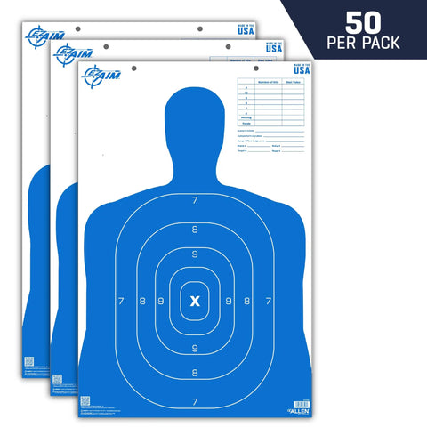 B27 Silhouette Paper Shooting Target 23 x 35 Inches 50 Pack for Handgun Training, featuring blue silhouette design.