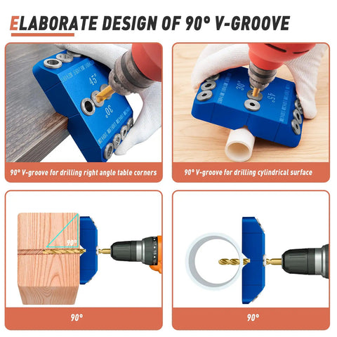 Angled Drill Guide Jig For Cable Railing And Deck Posts With 30 45 90 Degree Holes, All Metal Build, V-groove design in use