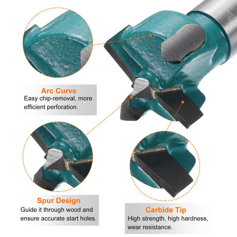 Close-up of Pro Level Six Piece Forstner Drill Bit Set Equipped With Sharp Carbide Tips for smooth wood cuts.