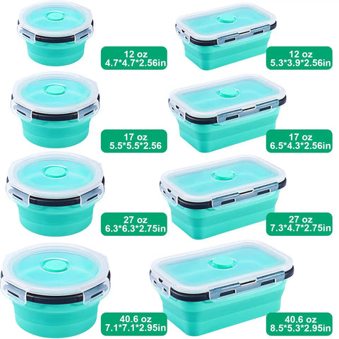 Eight Pack Collapsible Food Storage Containers With Lids, blue silicone set in various sizes with round and rectangular shapes.
