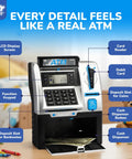 Kid Friendly Mini ATM Piggy Bank With Code Lock, Electronic Digital Money Counter And LCD Display on a desk