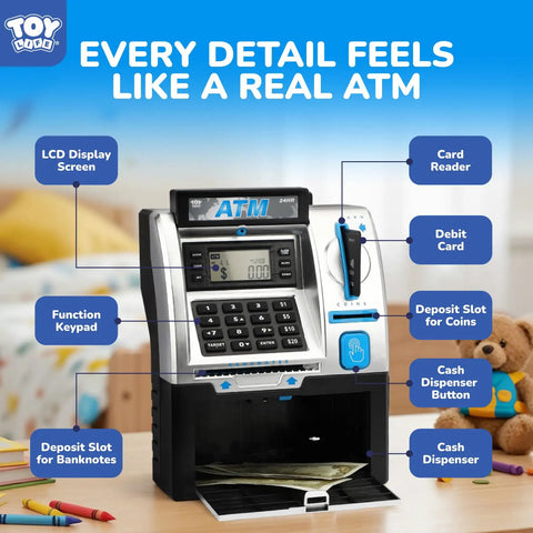 Kid Friendly Mini ATM Piggy Bank With Code Lock, Electronic Digital Money Counter And LCD Display on a desk