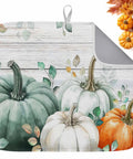 Sage Green Pumpkin Dish Drying Mat For Kitchen Counter Absorbent Microfiber Surface With Wood Grain Leaves Autumn Decor 16 By 18 Inches Machine Washable with assorted pumpkins.