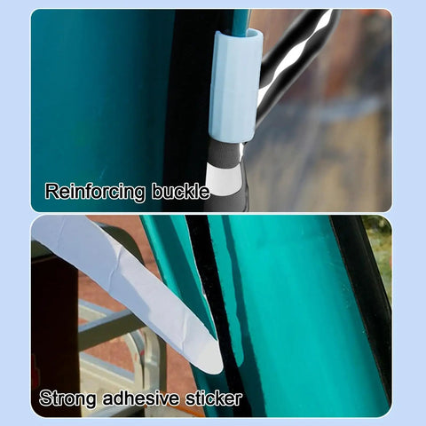 Three-Wheeled Electric Tricycle Cover With Transparent Rain Curtain For Outdoor Riding And Cargo Haul Weatherproof Shield With Reflective Strips For Safer Night Visibility Easy Fit On Electric Powered Trikes, reinforced buckle and adhesive strap close-up