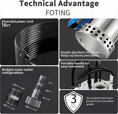 Technical features of Beastly 304 Stainless Submersible Sump Pump With Float Switch 1HP 4600GPH Automatic Water Removal