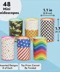 Prism Mini Kaleidoscopes For Kids 48 Pack With Six Designs Blue Party Favors And Classroom Prizes display, showing size and styles