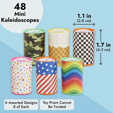 Prism Mini Kaleidoscopes For Kids 48 Pack With Six Designs Blue Party Favors And Classroom Prizes display, showing size and styles