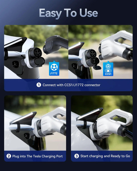 Premium 2In1 Ccs And J1772 To Tesla Charging Adapter Compatible With 2021 Through 2026 Model 3 Y S X Electric Vehicle image showing CCS1/J1772 connector usage.