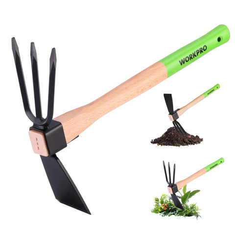 Hoe And Cultivator Garden Rake With 14 Inch Wooden Handle And Sharp Hoe Blade With A Sturdy Three Claw Tiller for gardening