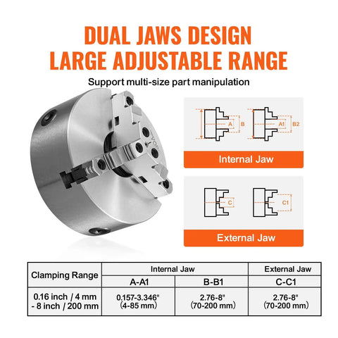 Three Jaw Self Centering Lathe Chuck 8 Inch with dual jaws for adjustable clamping range 0.16 to 8 inch with diagrams.