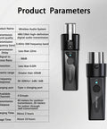 Wireless XLR Mic System With Two Transmitters And One Receiver For Dual Mic Setup specifications chart with transmitter and receiver