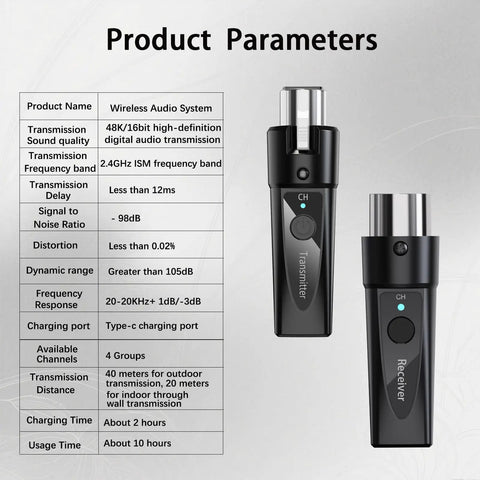 Wireless XLR Mic System With Two Transmitters And One Receiver For Dual Mic Setup specifications chart with transmitter and receiver