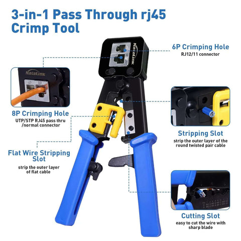 Pass Through RJ45 Crimp Tool Kit All In One Ethernet Crimper with blue handles, labeled features for Cat 6 Cat 5e Cat 5 cables.