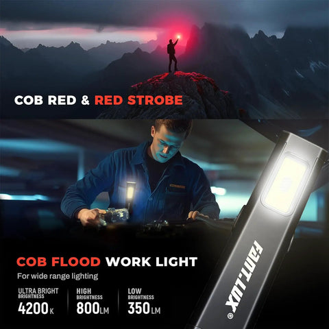 Person using Pocket EDC Flashlight With USB C Rechargeable Power in red strobe mode on mountain, mechanic using work light