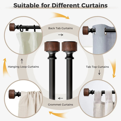 Imitation Wood Grain Curtain Rod Set 1 Inch Diameter Heavy Duty Adjustable Drapery Rods For Windows 48 To 84 Inches Indoor Outdoor Modern Finials Durable Finish Built To Last Image showing different curtain types.