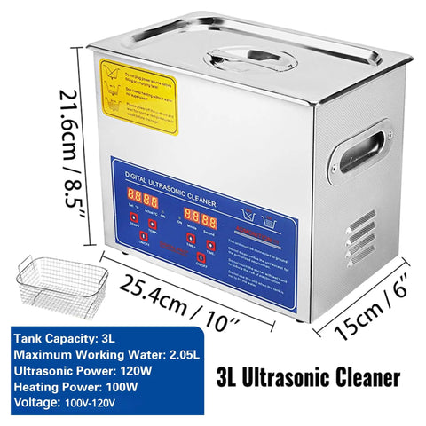 3L Heavy Duty Ultrasonic Cleaner With Digital Timer And Quick Heat Function for jewelry and gear cleaning, stainless steel.