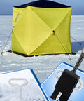 Universal Ice Anchor Tool Kit For Ice Fishing Shelters, Drill Adapter For 1/2 Inch And 1/4 Inch Bits, yellow ice shelter on frozen lake