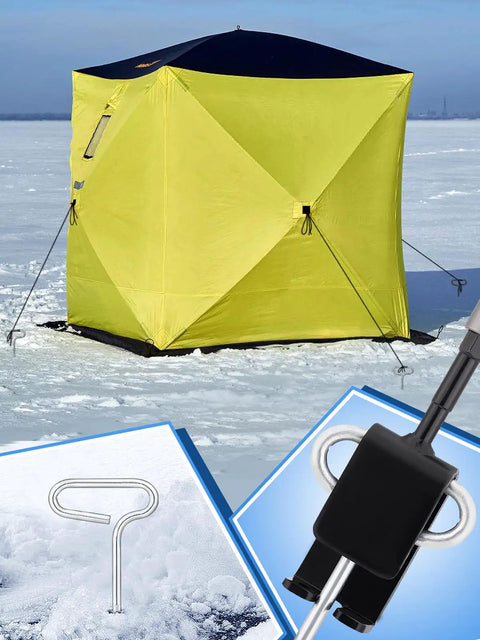 Universal Ice Anchor Tool Kit For Ice Fishing Shelters, Drill Adapter For 1/2 Inch And 1/4 Inch Bits, yellow ice shelter on frozen lake