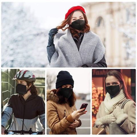 Adults wearing Five Layer KN95 Face Masks Black Cup Style Disposable Respirator in various outdoor winter settings