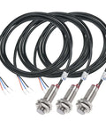 Three Pack Inductive Proximity Sensor Switch Detector, DC 5 To 30V, 3 Wire, NPN NO Output, 10mm Sensing Range, cables visible