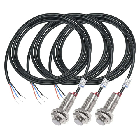 Three Pack Inductive Proximity Sensor Switch Detector, DC 5 To 30V, 3 Wire, NPN NO Output, 10mm Sensing Range, cables visible
