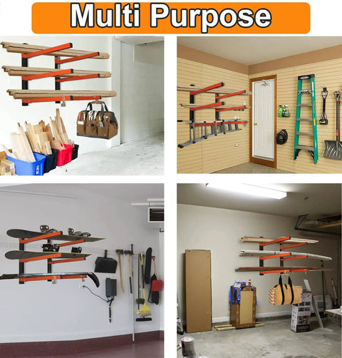 3 Level Metal Storage Rack Wall Mount Organizer Set, Heavy Duty 330 Lb Capacity For Lumber, Wood, Pipes, Garage And Workshop, Durable Shelving System, 2 Pack installed in various garages showcasing organized tools and materials.
