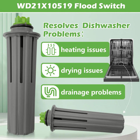 Dishwasher Flood Switch Assembly WD21X10519 Replacement Fits ADT CDT DDT ZDT Hotpoint dishwashers with icons and unit shown