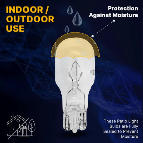 Low Voltage Landscape T5 Wedge Bulbs 12V 11W pack of 10 clear, moisture protection visual with labeled bulb image indoor outdoor use