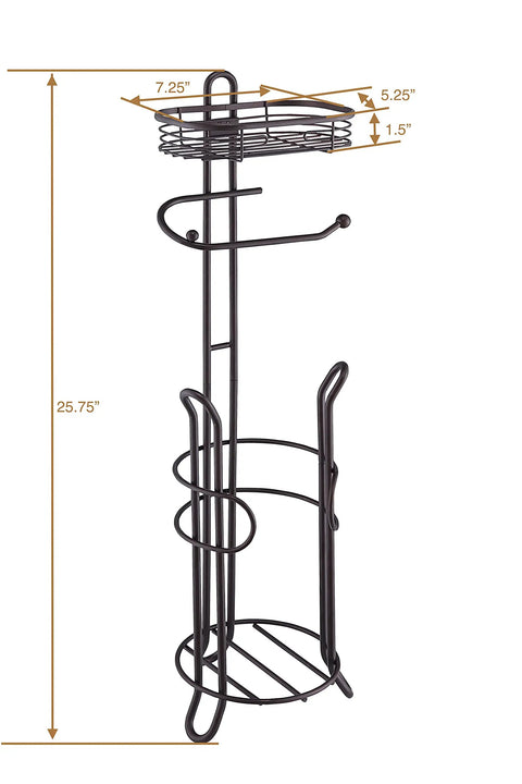 Heavyweight Free Standing Toilet Paper Roll Holder With Reserve Shelf Bronze Finish, shown with dimensions and storage