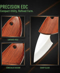 Compact Utility Knife And Box Cutter With Stainless Steel Peeler close-up of sharp blade and wood handle with lanyard hole.