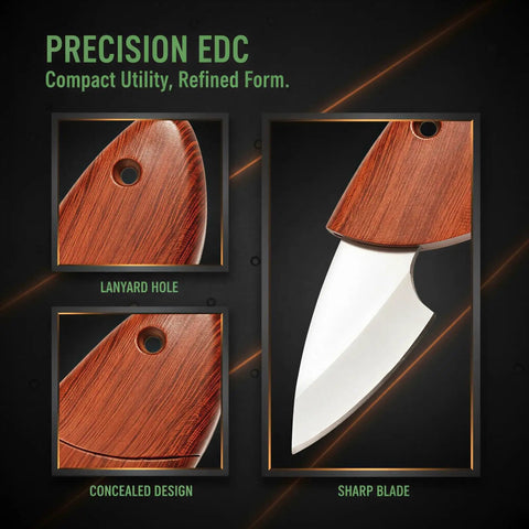 Close-up of Everyday Carry Utility Knife showing wood handle and stainless steel peeler with box cutter edge, lanyard hole.