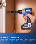 Top Shelf Pocket Hole Jig 720 Pro With Killer 20 Volt Cordless Drill Driver Combo Kit, showcasing compact 5.9 inch drill in tight cabinet space.