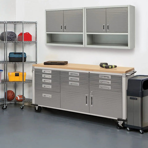 UltraHD Rolling Workbench Granite Finish With Locking 2 Door Cabinet Full Width Shelf 11 Drawers Fingerprint Resistant Stainless Steel Doors