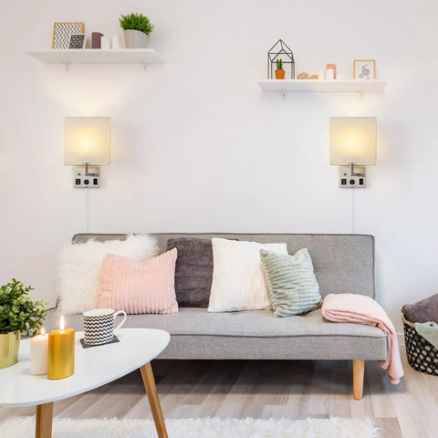 Living room with Slick Dual USB Wall Sconces Set For Bedroom Plug In Bedside Lights With USB Ports And Outlets above sofa