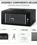 Heavy Duty Wall Mount Server Rack Cabinet With Locking Tempered Glass Door And 19 Inch Standard Layout For Network Switches Routers Patch Panels, displaying assembly components.