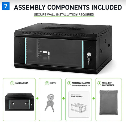 Heavy Duty Wall Mount Server Rack Cabinet With Locking Tempered Glass Door And 19 Inch Standard Layout For Network Switches Routers Patch Panels, displaying assembly components.