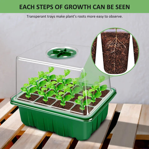 All In One Seed Starter Tray Kit 10 Pack With 120 Cells And Heightened Lids Humidity Dome For Indoor Gardening Seedlings displayed with sprouts.