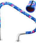 Sweet Grip Eight Foot Inground Pool Railing Cover With Rad Flamingo Palm Design Slip Resistant Handrail Grip Blue showcased on a steel handrail.